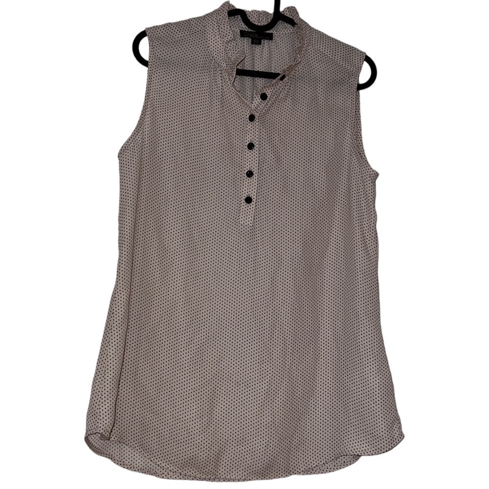 Dalia Nude pink tiny black polka dot tunic  ruffle-neck sleeveless blouse